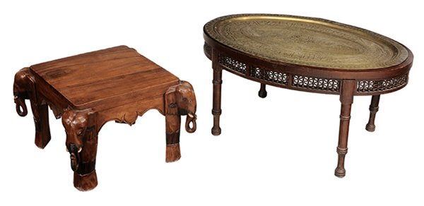 Brass Tray Top Low Table, Elephant: Carved Stool African and Middle Eastern, 20th century, the oval tray-top table with engraved decoration and Arabic lettering on a conforming stand with removable legs, 19-1/4 x 28-1/2 x 40-1/2 in., [m