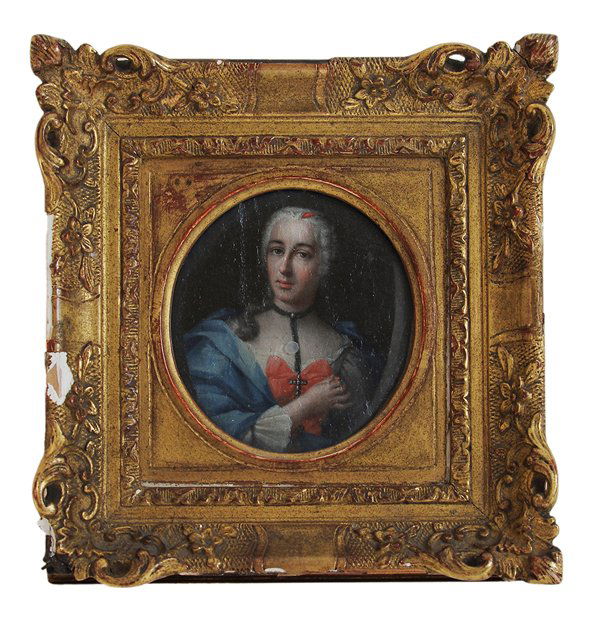 Italian or British School: (18th century) Portrait miniature of a Noblewoman, inscription verso backing attributes this to Rosalba Carriera (Italian, 1675-1757), unsigned, oil or varnished gouache on vellum, 3-5/8 x 3-1/8 in.;
