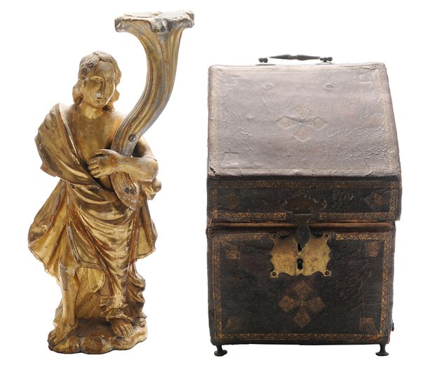 Spanish Baroque Leather Knife Box,: Gilt Figural Candleholder Continental, 18th century, gilt and tooled Baroque knife box with brass loop handle and applied brass lock, tooled leather exterior with geometric devices, hinged top opening