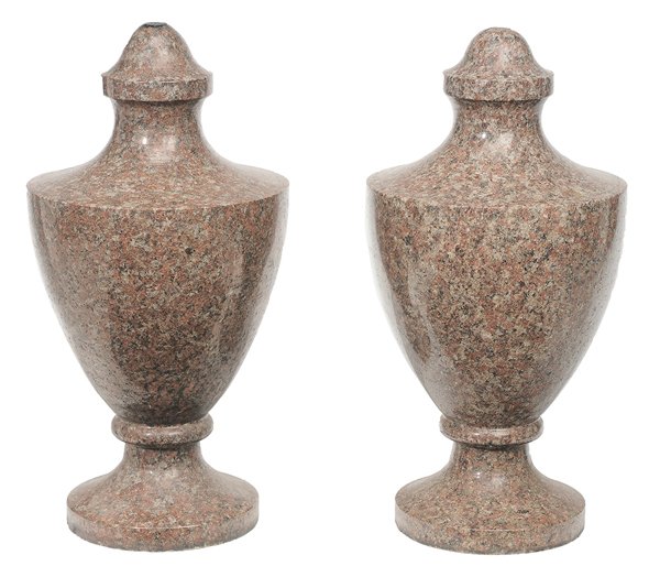 Pair Polished Stone Garden Urns: 18th/19th century, each formed from a solid and of typical lidded urn form, granite or porphyry, 24 in., generally good condition, scattered minor base chips, top of each with discoloration and small 