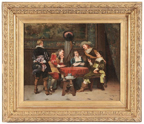 L. Monchot: (1850-1920) A Game of Dice, signed lower right "Lud. Monchot", oil on canvas, 19-3/4 x 24-1/8 in.; fine gilt wood and composition frame, lined, restretched on old stretcher, crackle, scattered light r