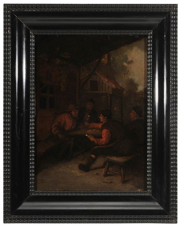 Dutch School: (18th/19th century) A Game of Cards, unsigned, oil on panel, 15-3/4 x 11-1/2 in.; modern Dutch style black lacquered ripple molding frame, abrasions at edges, retouch affecting approximately 15% of su
