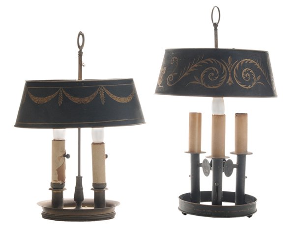 Two Paint-Decorated Tole [Bouillotte]: Table Lamps French, 20th century, the first with circular painted shade with sphinx and scrolling vine decoration, adjustable post with three candle-form lights, drilled and electrified, 20-1/2 in., [