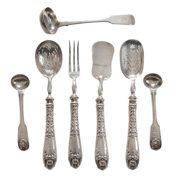 French and English Silver Flatware: including four French silver hollow handle serving pieces, handles with scroll, foliate and bellflower decoration, marks for Henir Gabert, .950 fine, silver-plated bowls and tines, no monograms; two E