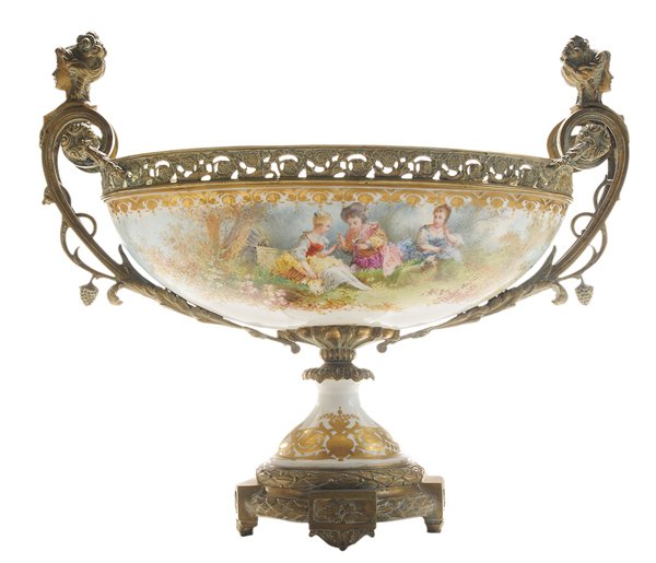 Sèvres Style Bronze-Mounted Hand-: Painted Porcelain Oval Center Bowl French, late 19th century, reticulated bowl with interior and exterior floral decoration, romantic figures in a landscape, two bronze figural handles, gilt pedestal 