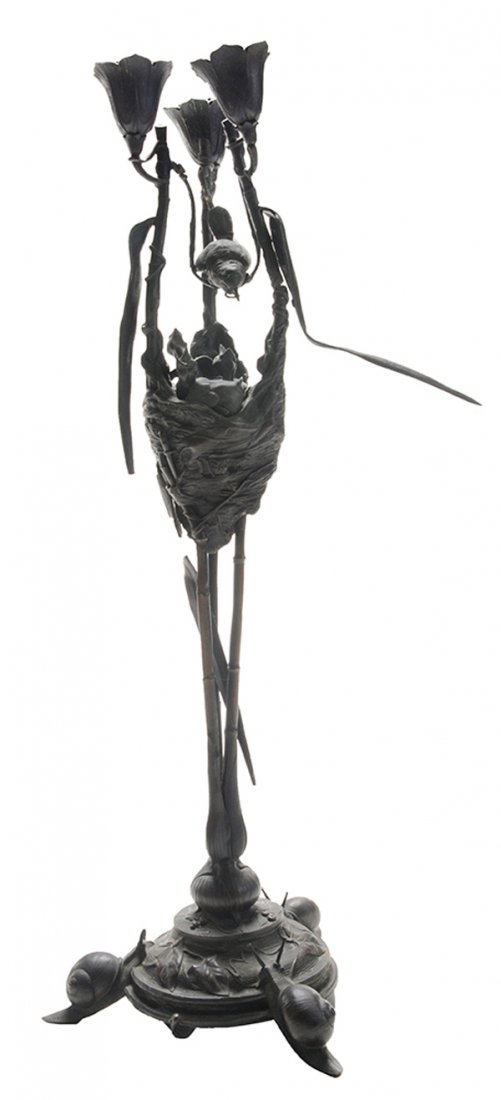 August Nicholas Cane Bronze: Three-Light Candelabra French, 19th century, bamboo tripod tapering center supporting three branching candle nozzles, mother bird with worm and nest with chicks, tulip-form knob, leaf and vine base wi