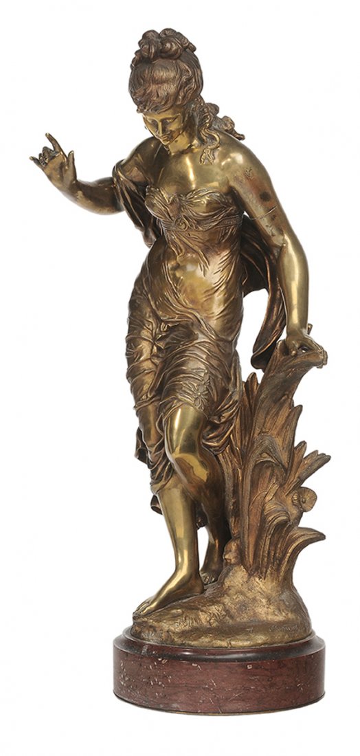 After Auguste Louis Moreau: (French, 1855-1919) Young Beauty Stepping into Water, late 19th or early 20th century cast, signed on naturalistic base "A. Moreau", gilt bronze on red marble base, 26-7/8 in., four holes, two on back