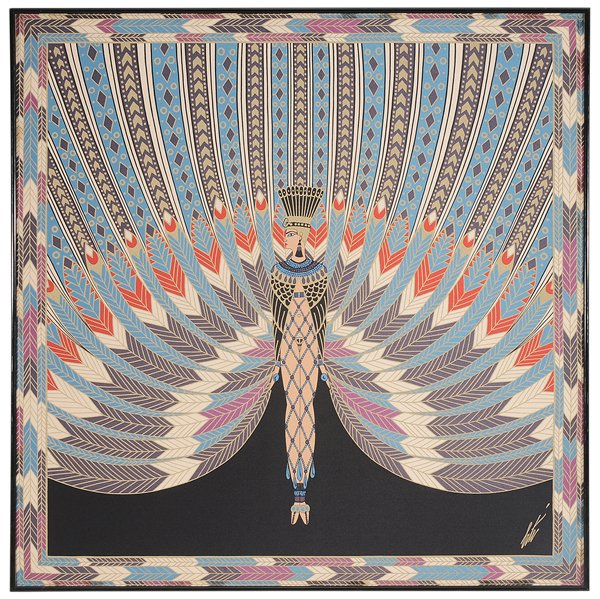 Erté: (French, 1892-1990) Silk Scarf, The Nile, 36 x 35 in.; metal frame, spray mounted to foam core. Provenance: Private Collection, Greenville, South Carolina