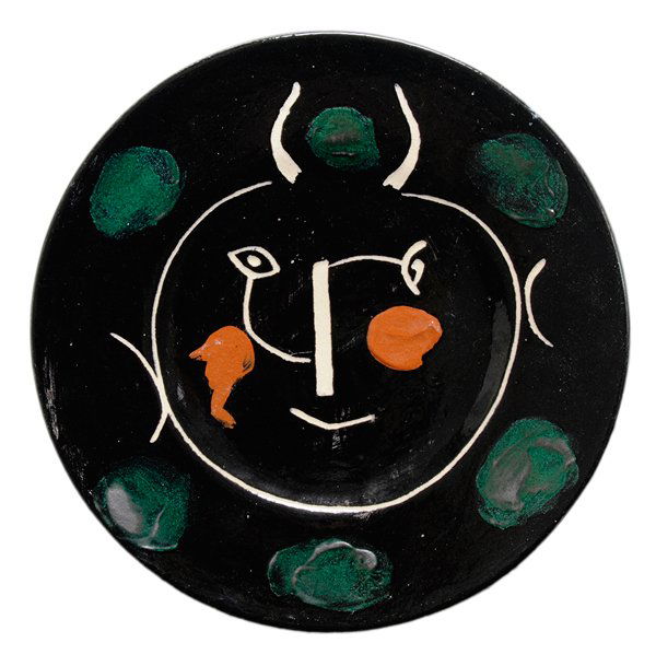 After Pablo Picasso: (Spanish, 1881-1973) [Service noir assiette E], 1948, edition of 100 stamped [Madoura Plein Feu] and [D'Apres Picasso] with underglaze marks "CR" and "E", glazed ceramic plate, 9-1/8 in.; accompanied