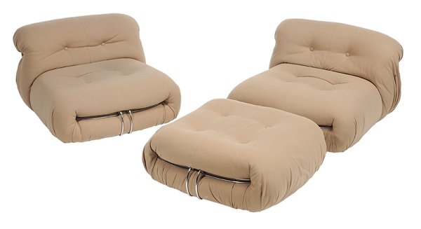 Modern Upholstered Suite, Two Chairs: and an Ottoman marks for Atelier International, New York, late 20th century, chrome frames, brown upholstery, 28-1/4 x 22 x 13-1/2 in., some surface wear, dirt and light stains to upholstery. Provenan
