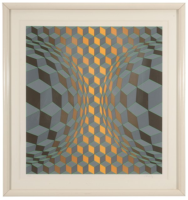 Victor Vasarely: (Hungarian/French, 1908-1997) Untitled, gray, orange and brown, signed lower right "Vasarely", serigraph on paper, 29-1/2 x 27-3/4 in.; white painted frame, not examined out of frame. Provenance: Priv