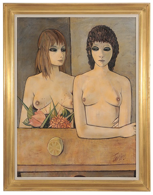 Charles Levier: (French, 1920-2003) [Deux femmes], signed lower right "Levier" and signed and titled verso, oil on canvas, 40 x 30 in.; gilt wood frame, original stretcher and tacking edge, light grime; frame with ab