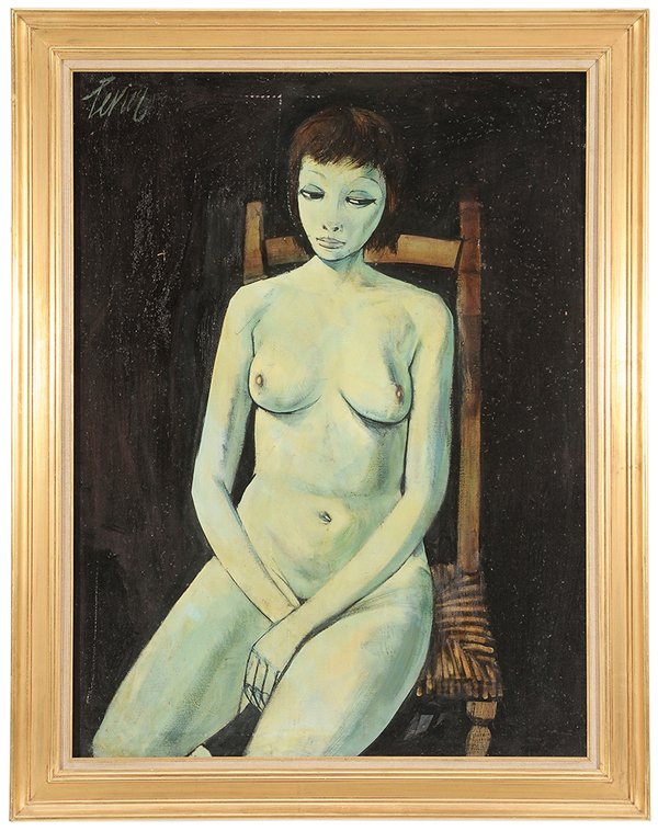 Charles Levier: (French, 1920-2003) [Nu a la chaise], signed upper left "Levier" and titled verso, oil with seeds on canvas, 40 x 30 in.; gilt wood frame, abrasions, canvas very loose, grime; frame with abrasions. Pr