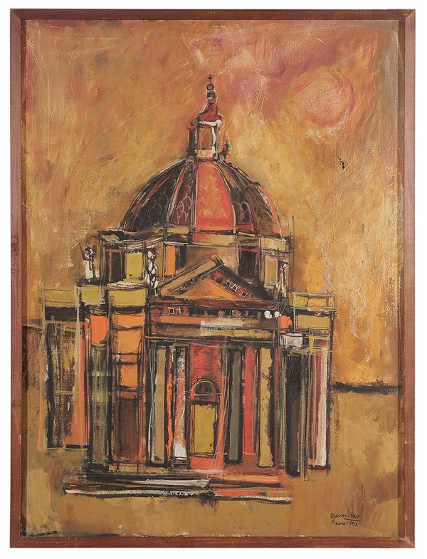 Giuseppe Gambino: (Italian, Born 1928) [Chiesa barocca in Piazza], 1958, signed lower right "Gambino Roma 1958" and signed and titled in Italian verso, oil on canvas, 30 x 29-1/4 in.; wood frame, original stretcher and