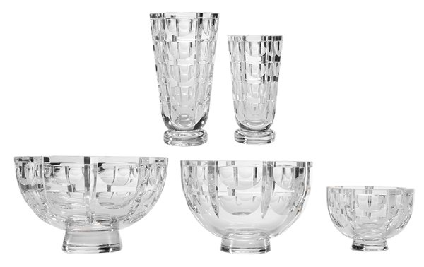 Five Pieces Orrefors Thousand: Windows Swedish, 20th century: one bowl signed and numbered on base and retaining original Orrefors sticker, 5 x 8-1/4 in.; one bowl with Orrefors label on base, 4-7/8 x 7-1/4 in.; one bowl signed and