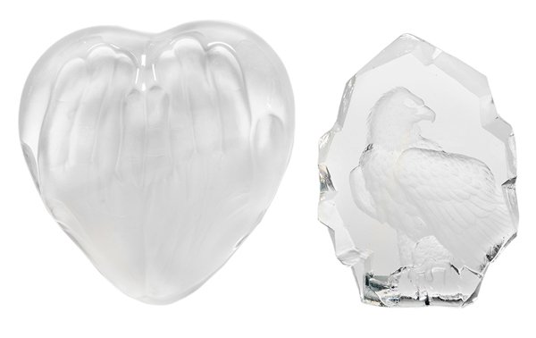 Two Frosted Glass Sculptural Groups: French and Swedish, comprising a heart-shaped sculpture with two hand impressions, signed "Daum France" and "10/500" with artist's signature (illegible), [some surface scratches and abrasions to the c