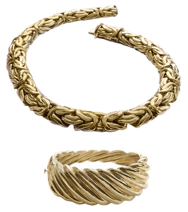 14 Kt. Gold Necklace, Bracelet: Byzantine style hollow link necklace, 18 in. x 18 mm., 110.5 grams gross weight; hinged bangle bracelet, hollow fluted in "Shrimp" motif, 11 x 21.3 mm., 64.5 grams gross weight, light wear and light s