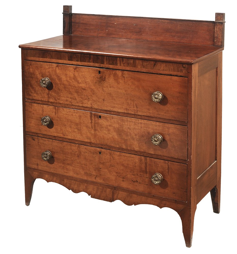 American Federal Chest of Drawers: early 19th century, birch, figured walnut, other mixed woods, backsplash over three dovetailed drawers, 49-3/4 x 44-1/2 x 20 in., missing molding, finish losses and surface dirt to backsplash, otherwi