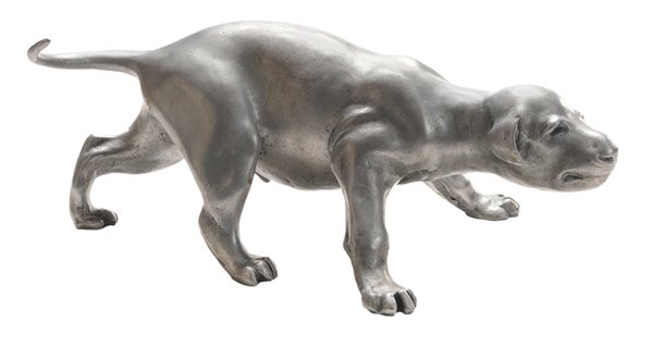 Anna Hyatt Huntington: (American, 1876-1973) Puppy, unsigned, aluminum, 5-3/4 x 14-3/8 x 10 in., lacking possible base, accession number bottom left front paw, possibly lacking base. Provenance: Property of the High Museum 