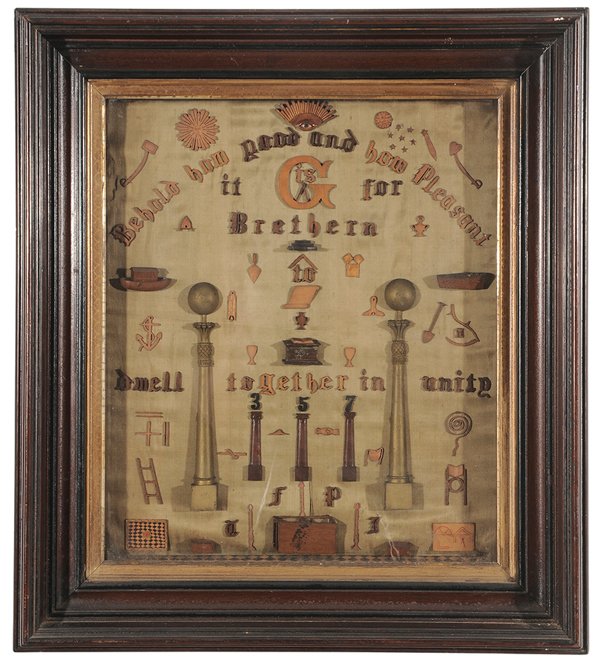 Masonic Presentation Piece: (American, 19th century) "Behold how good and pleasant it is for Bretheren to dwell together in unity", said to have been presented to an African-American circa 1856, painted and stained wood applique