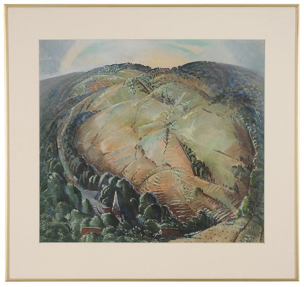 Will Henry Stevens: (North Carloina/Louisiana/Indiana, 1881-1949) Mountain Landscape with Farm, signed lower left "Stevens", pastel, 18-1/2 x 20-3/8 in. (sight); metal frame, good condition, not removed from frame