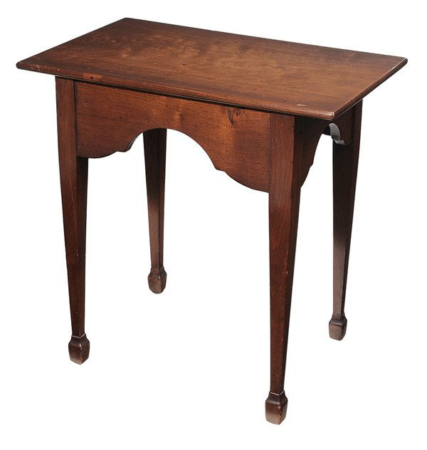 Rare Virginia Walnut Tea Table by: John Shearer Martinsburg area, West Virginia, 1790-1818, single-board figured walnut top over deeply shaped skirt, tapered legs with tall spade feet, underside of top with chalk signature "Shearer", 2