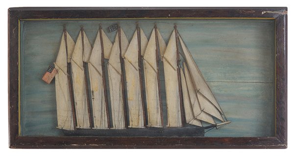 Carved and Painted Seven-Masted: Ship Diorama American, early 20th century, [Thomas W. Lawson,] built in 1902 at the Fore River Shipyard in Quincy, Massachusetts, carved wood with sails, rigged with string, flying the American colors