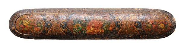 Persian Lacquered Wood and [Papier: Mache] Pen Box 18th/19th century, elongated ovoid form, decorated all around with floral and geometric designs, side panels with geometric decoration, black paper-lined interior, 1-1/4 x 8-1/2 x 1-3/4