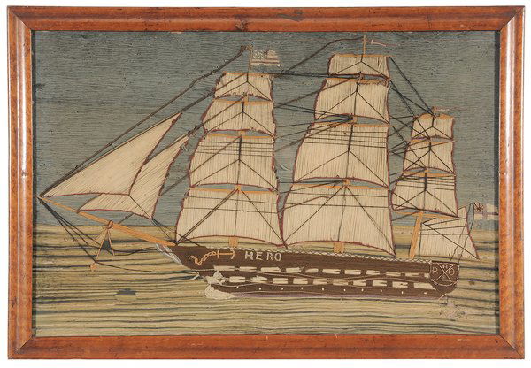 Sailor's Woolwork: late 19th century, three masted ship at sea, "Hero" stitched on bow, American banner top mast, British banner at stern, wool with cotton thread, 25-1/2 x 17 in.; probably original wood frame, loss of
