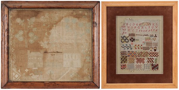 Two Needleworks: British or Continental, 19th century: darning sampler, wool on linen, 14 x 11 in. (sight), later wood frame, [upper left corner torn, large tear top, losses to ends;] house motif, silk on linen, 18 x
