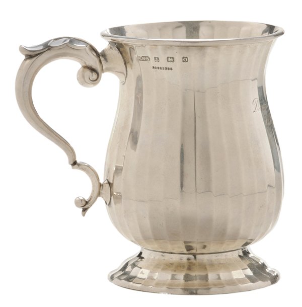 English Silver Golf Trophy Mug: Birmingham, 1913, paneled and shaped form with scroll handle, marks for maker William Henry Sparrow, base marked T. W. Long & Co./Cardiff", inscription "Dinas Powis Golf Club/Captain Victory Cup/Prese