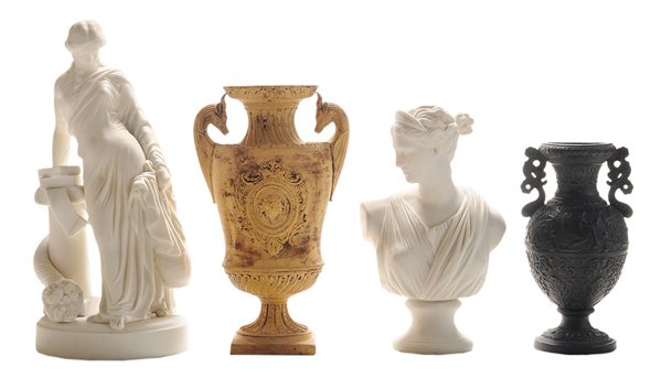 Two Parian Molded Classical Figures,: Two Ceramic Vases English, late 19th/early 20th century: portrait bust of Diana on pedestal base, unmarked, 11 in., [good condition;] figure of young woman resting on pedestal with books and cornucopi
