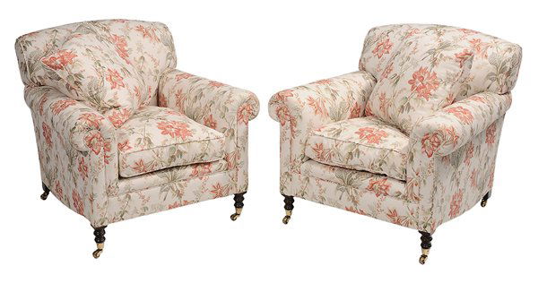 Pair George Smith Upholstered Club: Chairs English, brass tags for "George Smith, Handcrafted in Newcastle, England", modern, on turned legs with brass casters, each with loose down cushion, 34 x 35 x 38 in., good condition with light w