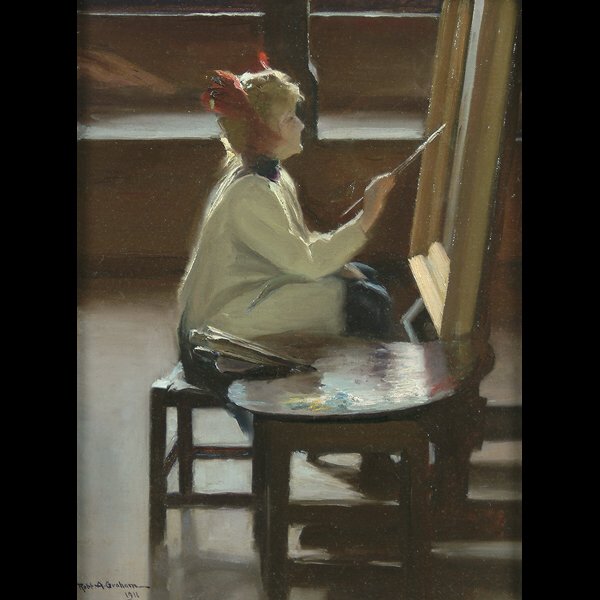 Painting by Robert Alexander Graham: (California, 1873-1946), seated girl painting at easel in interior, titled verso on label "The Little Artist No. 6," signed lower left "Robt. A. Graham 1911," oil on canvas, lined with wax and linen,