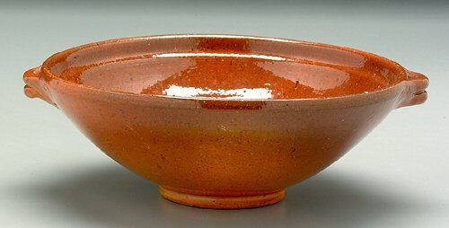 Jugtown bowl, stamped mark on base "Ben: Jugtown bowl, stamped mark on base "Ben Owen Master Potter," brown/orange glaze, two small applied handles, 3-1/4 x 10" (Bookout Collection)