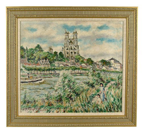 Hugo M. Fisher painting (Hugo Melville F: Hugo M. Fisher painting (Hugo Melville Fisher, California, 1876-1946), title on painting "Nantes," landscape with figures in foreground, Cathedral of Nantes in distance, signed lower right "H.M. Fishe