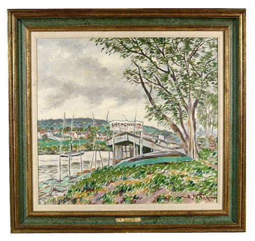 Hugo M. Fisher landscape (Hugo Melville: Hugo M. Fisher landscape (Hugo Melville Fisher, California, 1876-1946), pier with sign "Gaston Chevillat," signed lower right "H.M. Fisher," oil on canvas, Koch Gallery label verso, painted wooden fra