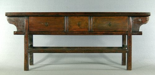 Altar-form Chinese stand, plank top abov: Altar-form Chinese stand, plank top above three dovetailed drawers, stretcher base, mortise-and-tenon construction, top with stains, burns and other flaws, possibly contemporary construction, 34 x 84-