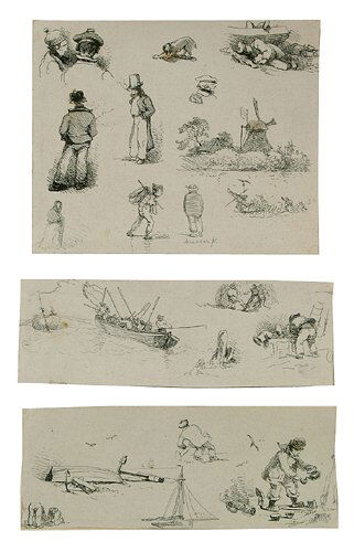 Achenback etchings and sketch: Achenback etchings and sketch (Andreas Achenbach, German, 1815-1910), 12 pieces in five groups: four landscapes, cows in pasture, mill and pond 1862, windmill 1869, landscape 1862, all signed within p