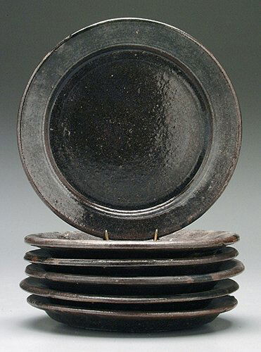 Six alkaline-glaze stoneware plates, all: Six alkaline-glaze stoneware plates, all inscribed "Lanier Meaders," various glaze anomalies, several chips under glaze, 8-1/4" (Bookout Collection)