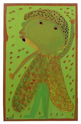 Portrait by Mose Tolliver (Montgomery, A: Portrait by Mose Tolliver (Montgomery, Alabama, born 1919), titled verso "John Duvall getting ready to dance…2/17/88," signed lower left and verso "Mose T," house paint on plywood, 37-1/2 x 24"