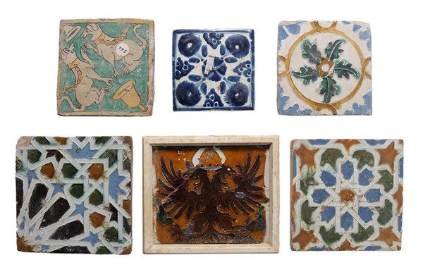 Collection of 37 Early Glazed: Earthenware Tiles most probably Spanish, 18th century, comprising polychromed examples, some in half sections, various geometric and floral motifs, two with animals in relief (one unglazed), one with