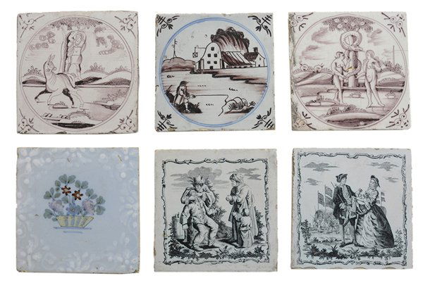 Collection of 67 Assorted Antique: Delft and Other Tiles British and Dutch, 18th and 19th century: blue, mulberry and transfer print-decorated examples, variously decorated with figures, urns of flowers, the printed examples with genre