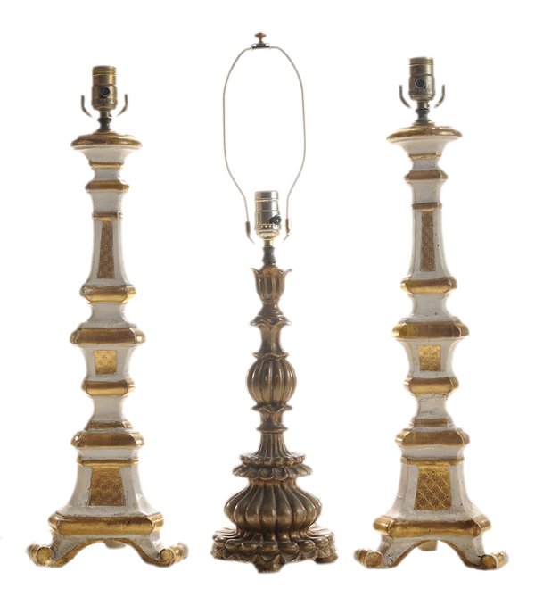 Pair Baroque Wooden Table Lamps,: Gilt Lamp Continental, late 19th/eary 20th century: pair Italian Baroque painted and gilt carved wood candlesticks converted to table lamps, 20-1/2 to top of candleholders, [lacking harps, minor surfa