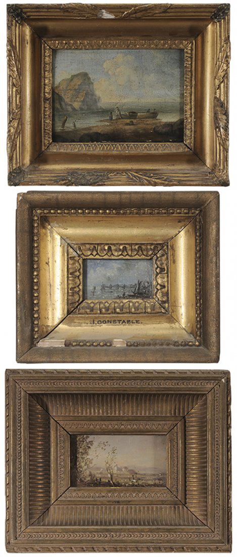 Three Miniature Paintings: (European, 19th/20th century) Brighton Chain Pier Looking West, after John Constable, signed verso "C. Leslie, 1884/ No.137", Charles Leslie (British, 1835-1890), oil on fiber board, 1-7/8 x 2-1/2 in.