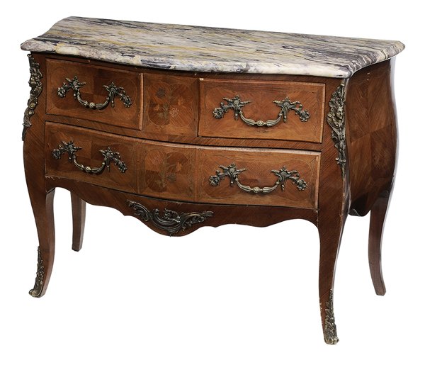 Louis XV Style Marquetry-Inlaid: Marble-Top Commode Danish, early 20th century, drawer with mark of "Lysberg & Hanzen Cobenhavn", fine ocher-to-grape variegated marble top, floral and parquetry veneers, bronze mounts, dovetailed draw