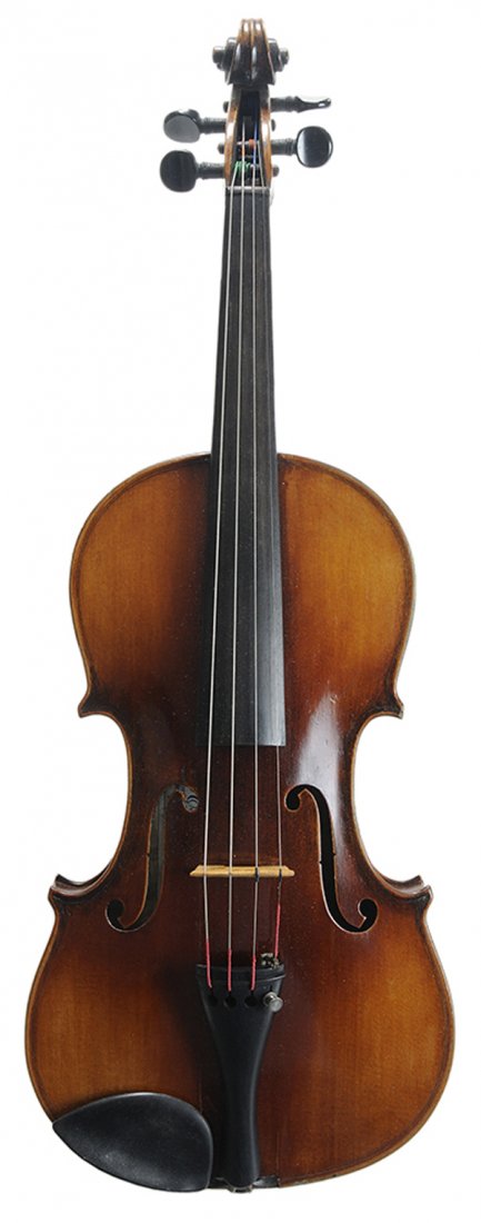 Vintage Violin in Case: late 19th century, interior with label for August Gemunder & Sons, figured maple body with scrolled neck, 23-1/2 in., with velvet-lined case and two bows, one signed "J. Remy", 29 in. and 29-1/4 in. v