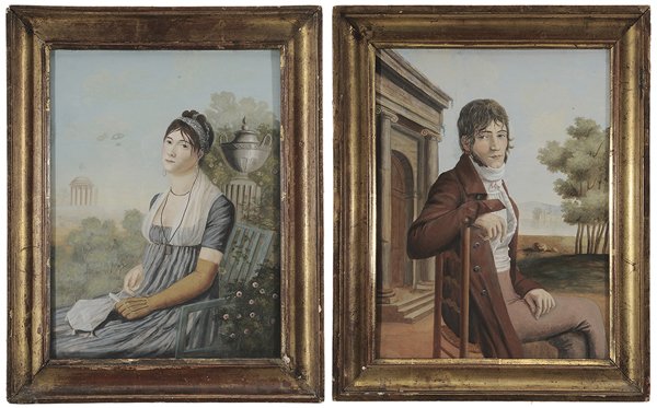 French School: (18th/19th century) Pair of Portraits in exterior landscapes: Gentleman Seated in a Chair , Woman Seated in a Garden, both possibly signed verso backing "Jacquemain, 1800", gouache on paper, 12 x 9 in