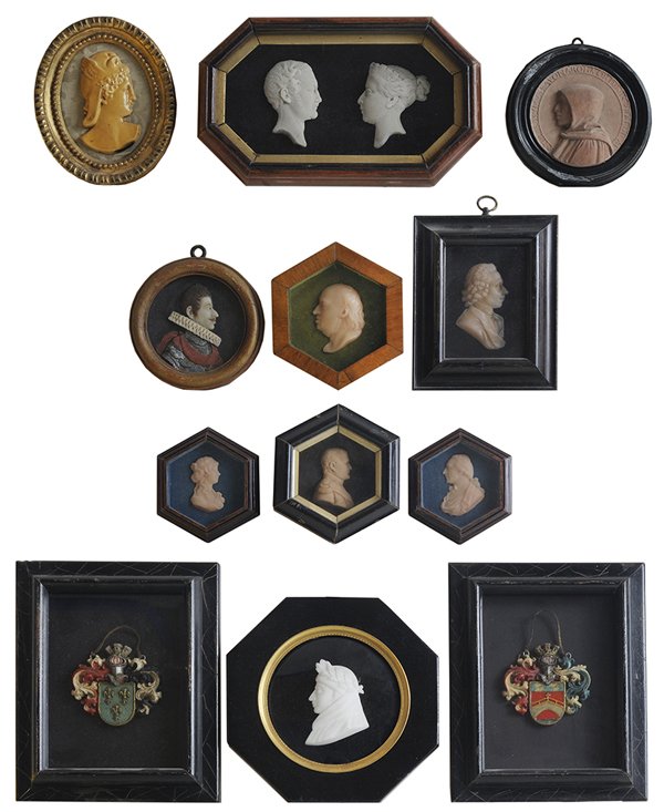 Thirteen Silhouettes, Armorials: Continental, 18th-20th century: six framed wax silhouette portraits in shadowbox frames, various sizes, 4-3/8 in. to 6-1/2 in. framed; three alabaster or bisque portrait heads, shadowbox frames, large