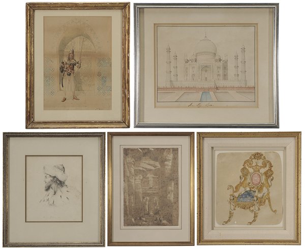 Orientalist School: (19th-20th centuries) Five works: Guard at Door, signed lower right "J.F. Alliot"; Egyptian Temple Ruins, unsigned, [extensive foxing]; Taj Mahal, Agra, unsigned; Persian throne with rampant lions, un